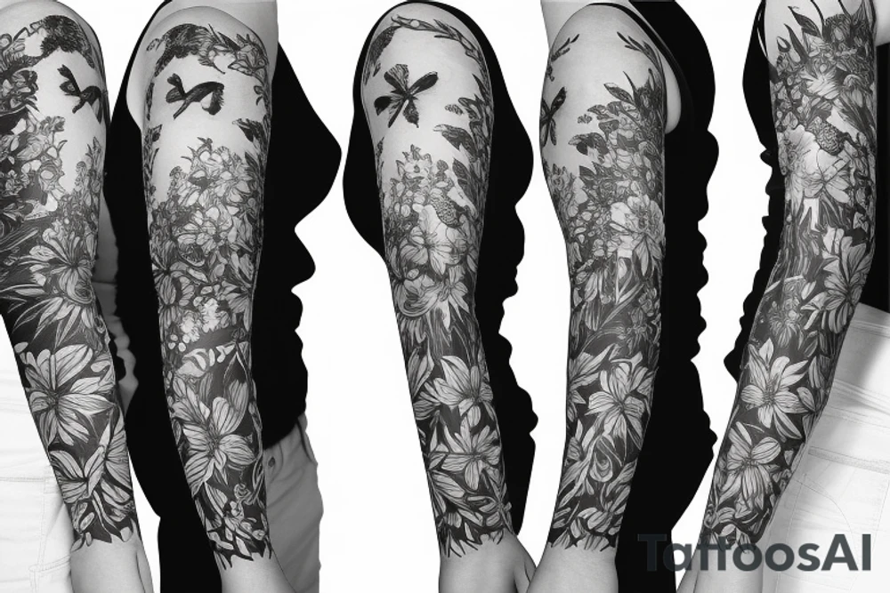 Left arm sleeve, for a female, with floral, nature, evergreen, mountains tattoo idea