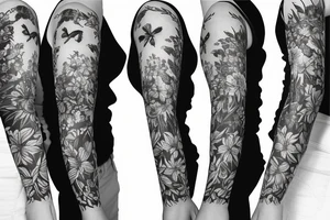 Left arm sleeve, for a female, with floral, nature, evergreen, mountains tattoo idea