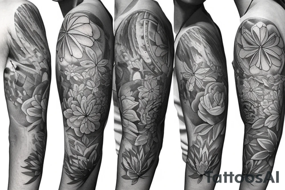 Left arm upper half sleeve, for a female, with floral, nature, evergreen, mountains, rivers, feminine tattoo idea