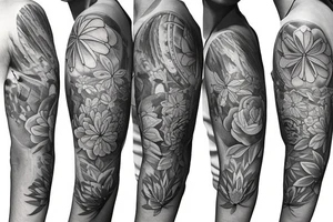 Left arm upper half sleeve, for a female, with floral, nature, evergreen, mountains, rivers, feminine tattoo idea