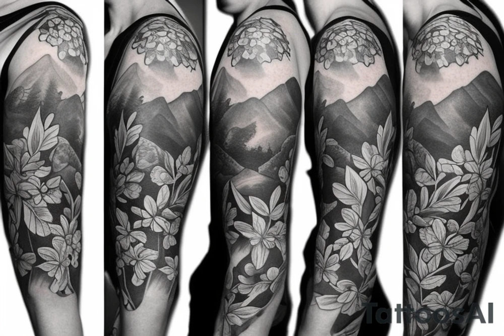 Left arm upper half sleeve, for a female, with floral, nature, evergreen, mountains, rivers, feminine tattoo idea