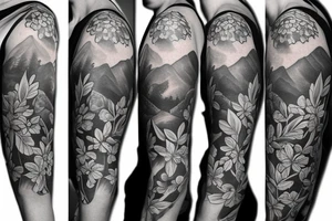 Left arm upper half sleeve, for a female, with floral, nature, evergreen, mountains, rivers, feminine tattoo idea