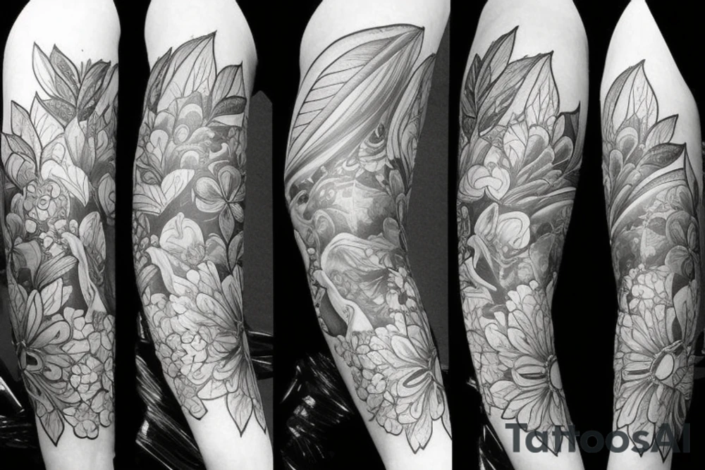 Left arm upper half sleeve, for a female, with floral, nature, evergreen, mountains, rivers, feminine tattoo idea
