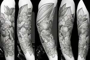Left arm upper half sleeve, for a female, with floral, nature, evergreen, mountains, rivers, feminine tattoo idea