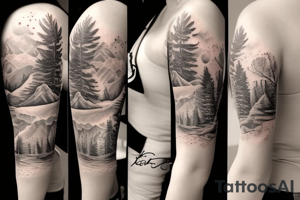 Left arm upper half sleeve, for a female, with floral, nature, evergreen, mountains, rivers, feminine tattoo idea