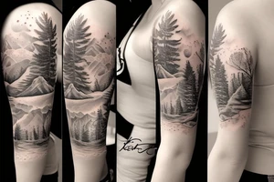 Left arm upper half sleeve, for a female, with floral, nature, evergreen, mountains, rivers, feminine tattoo idea
