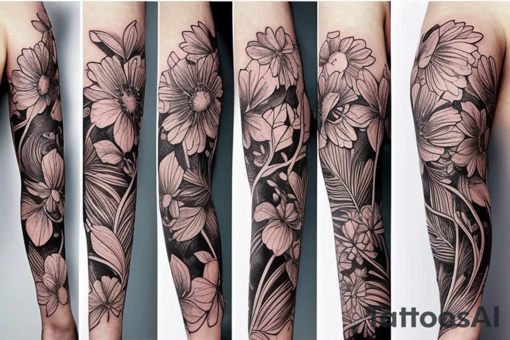 Left arm upper half sleeve, for a female, with floral, nature, evergreen, rivers, feminine tattoo idea
