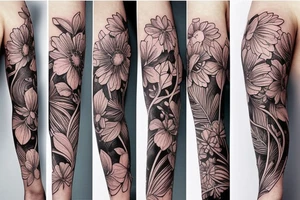 Left arm upper half sleeve, for a female, with floral, nature, evergreen, rivers, feminine tattoo idea