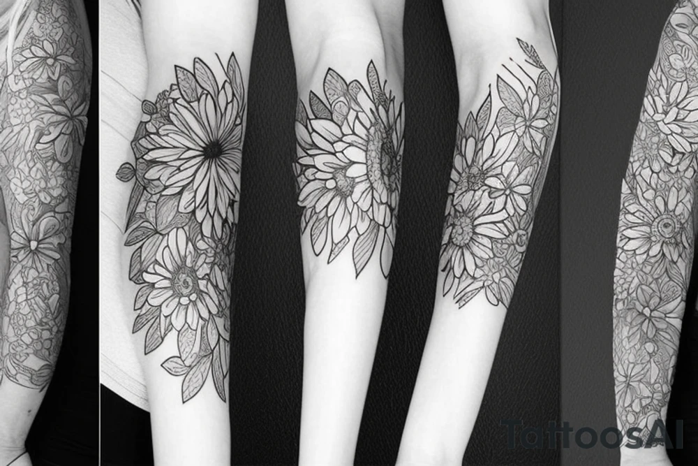 Left arm upper half sleeve, for a female, with floral, nature, evergreen, rivers, feminine tattoo idea
