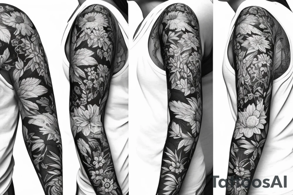 Left arm upper half sleeve, for a female, with floral, nature, evergreen, rivers, feminine tattoo idea
