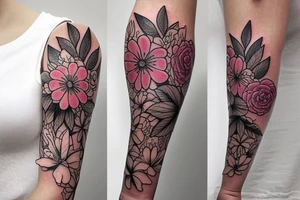 Left arm upper half sleeve, for a female, with floral, nature, evergreen, rivers, feminine tattoo idea