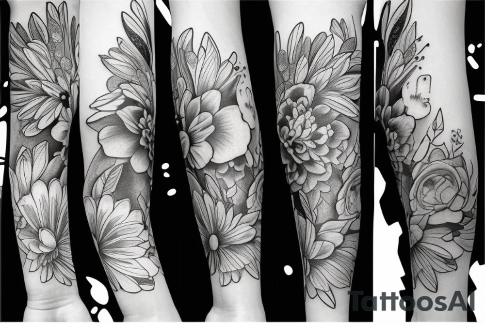 Left arm upper half sleeve, for a female, with floral, nature, evergreen, rivers, feminine, realistic tattoo idea