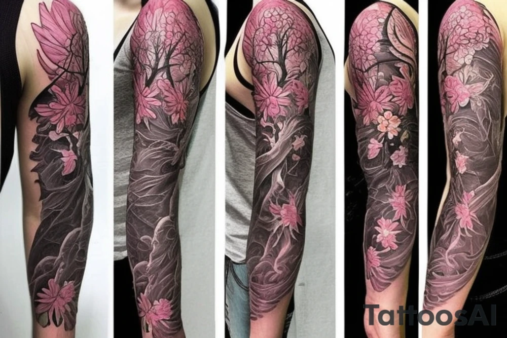 Left arm upper half sleeve, for a female, with floral, nature, evergreen, rivers, feminine, realistic tattoo idea