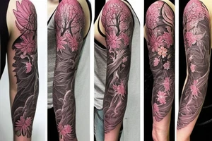 Left arm upper half sleeve, for a female, with floral, nature, evergreen, rivers, feminine, realistic tattoo idea