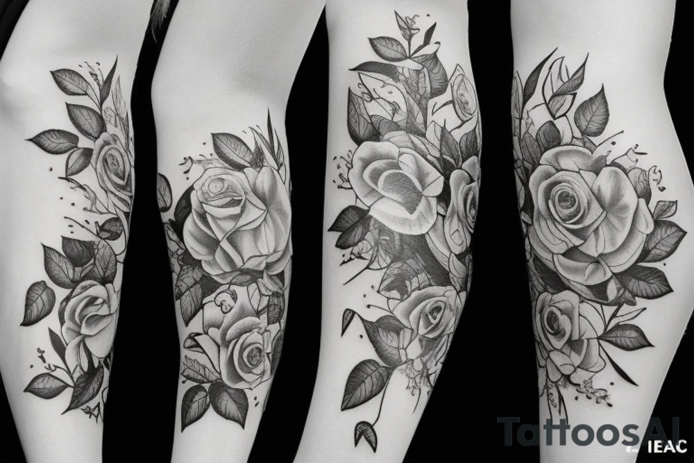 Left arm upper half sleeve, for a female, with floral, nature, evergreen, rivers, feminine, realistic, rose tattoo idea