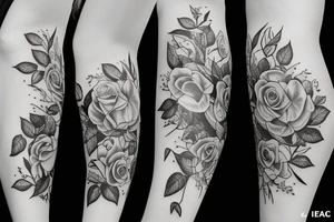 Left arm upper half sleeve, for a female, with floral, nature, evergreen, rivers, feminine, realistic, rose tattoo idea