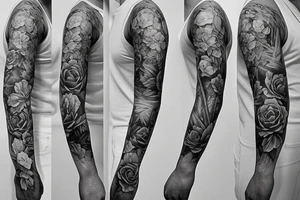Left arm upper half sleeve, for a female, with floral, nature, evergreen, rivers, feminine, realistic, rose tattoo idea