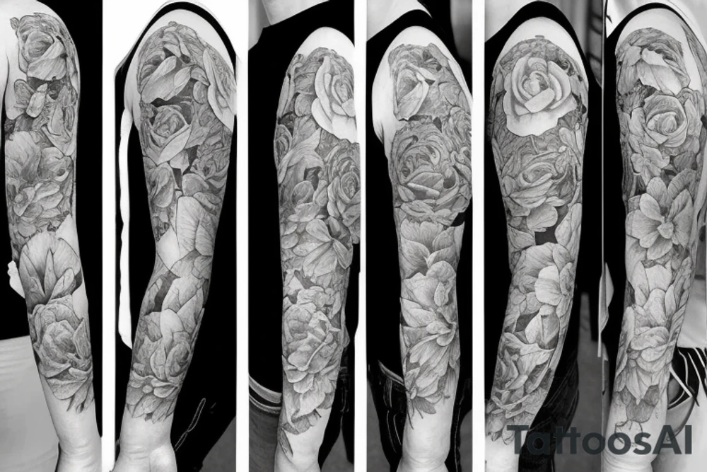 Left arm upper half sleeve, for a female, with floral, nature, evergreen, rivers, feminine, realistic, rose tattoo idea