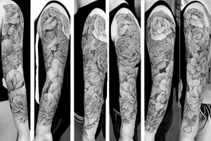 Left arm upper half sleeve, for a female, with floral, nature, evergreen, rivers, feminine, realistic, rose tattoo idea