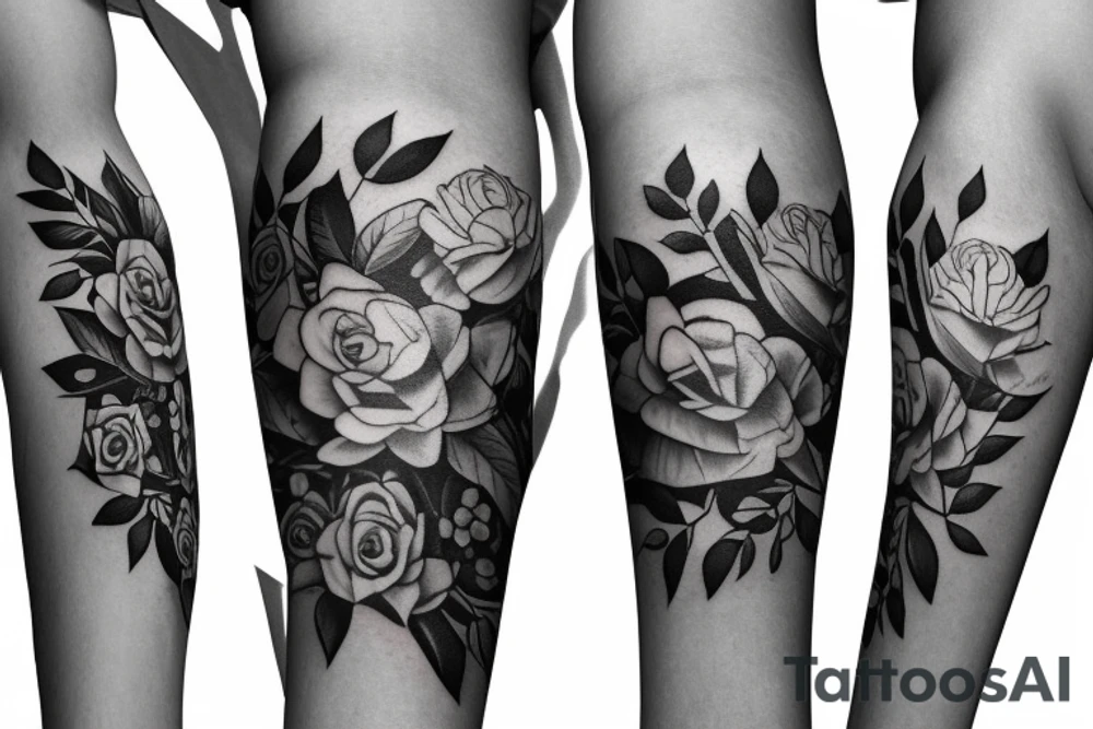 Left arm upper half sleeve, for a female, with floral, nature, evergreen, rivers, feminine, realistic, rose tattoo idea