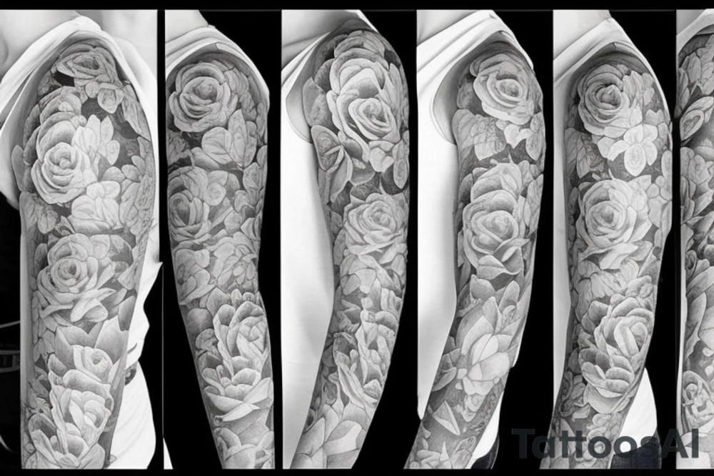 Left arm upper half sleeve, for a female, with floral, nature, evergreen, rivers, feminine, realistic, rose tattoo idea
