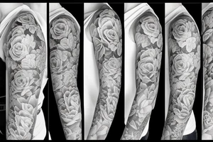 Left arm upper half sleeve, for a female, with floral, nature, evergreen, rivers, feminine, realistic, rose tattoo idea