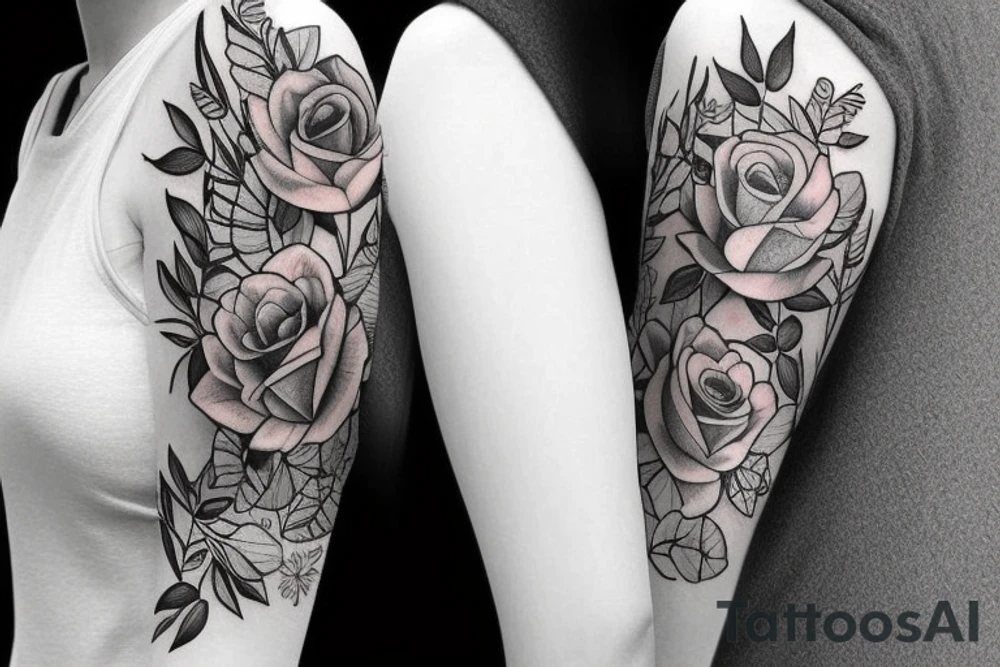 Left arm upper half sleeve, for a female, with floral, nature, evergreen, rivers, feminine, realistic, rose tattoo idea