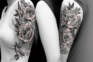 Left arm upper half sleeve, for a female, with floral, nature, evergreen, rivers, feminine, realistic, rose tattoo idea