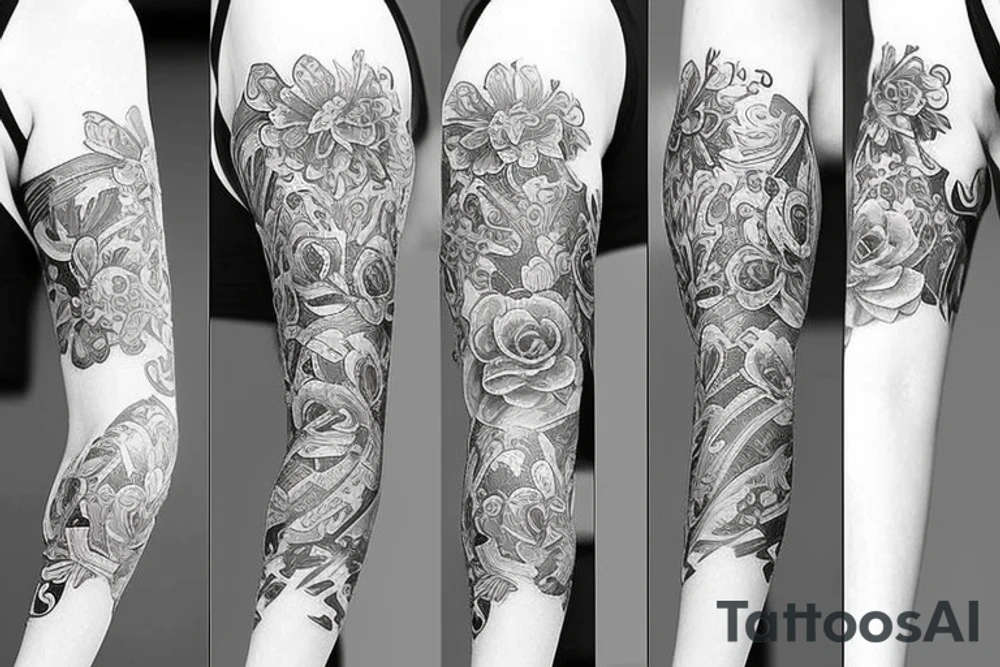 Left arm upper half sleeve, feminine tattoo idea