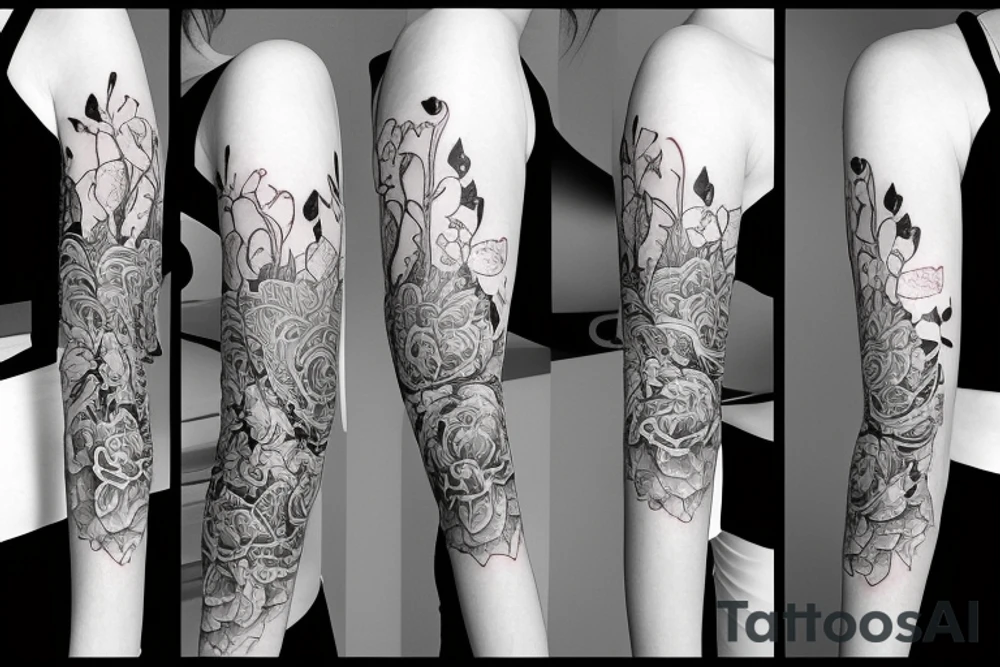 Left arm upper half sleeve, feminine tattoo idea