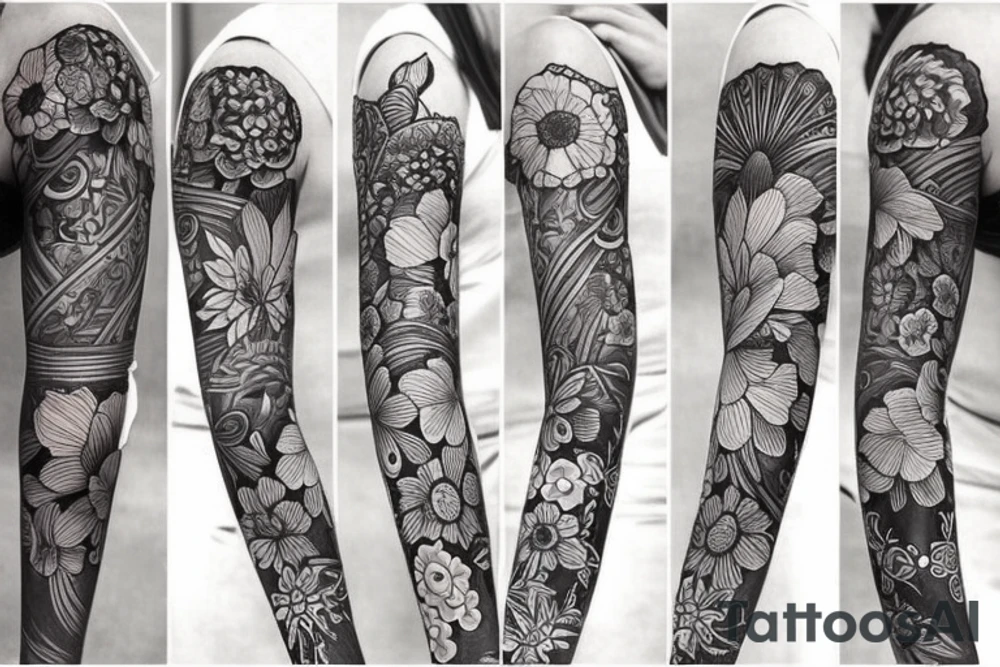 Left arm upper half sleeve, feminine, floral tattoo idea