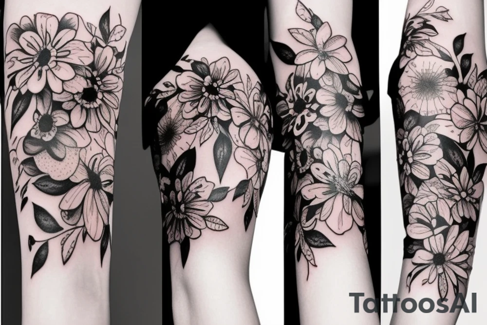 Left arm upper half sleeve, feminine, floral tattoo idea