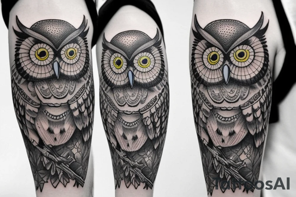 Left arm upper half sleeve, feminine, realistic owl tattoo idea