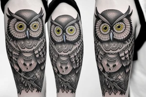Left arm upper half sleeve, feminine, realistic owl tattoo idea