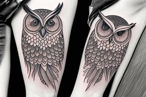 Left arm upper half sleeve, feminine, realistic owl tattoo idea