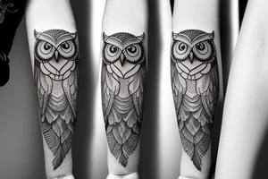 Left arm upper half sleeve, feminine, realistic owl tattoo idea