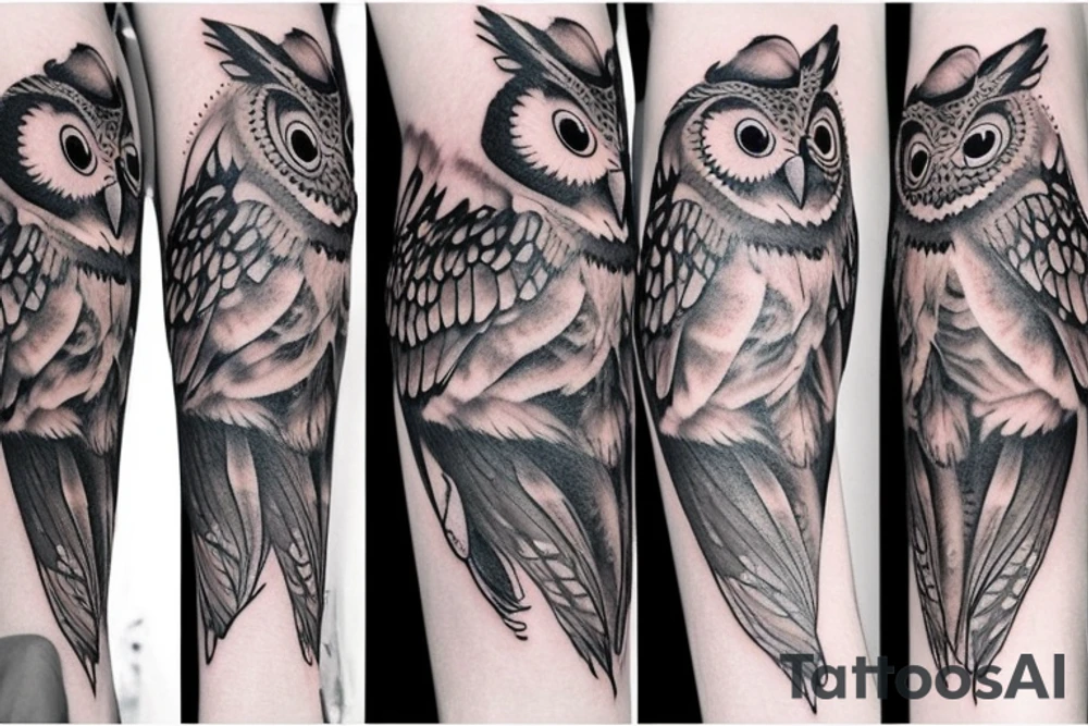 Left arm upper half sleeve, feminine, realistic owl tattoo idea