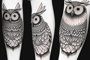 Left arm upper half sleeve, feminine, realistic owl tattoo idea