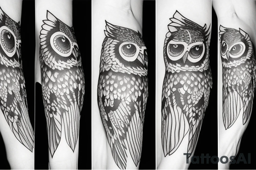 Left arm upper half sleeve, feminine, realistic owl tattoo idea
