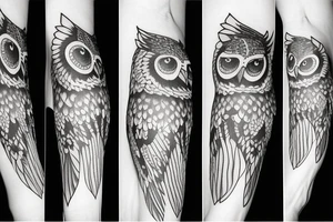 Left arm upper half sleeve, feminine, realistic owl tattoo idea