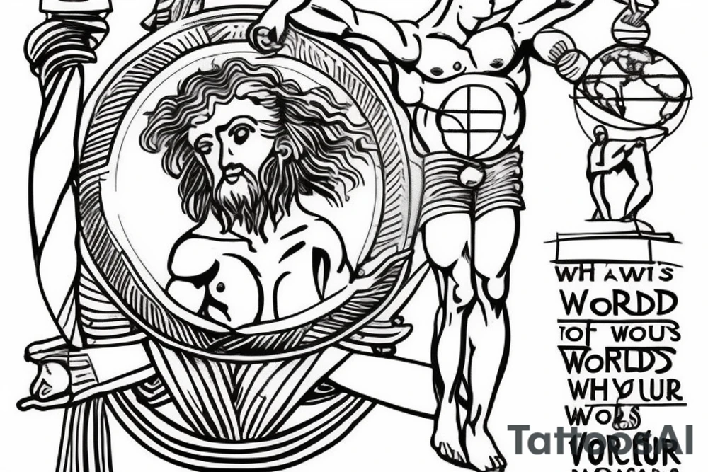 greek god atlas holding the world on his shoulder with the words the world is yours around the globe. For right calf tattoo idea