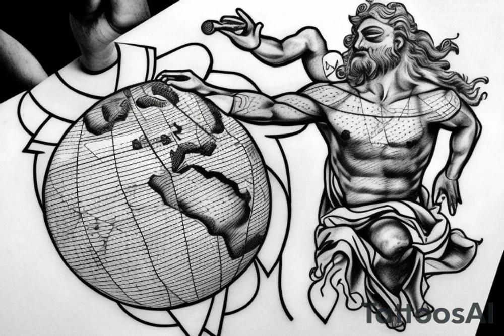 greek god atlas holding the world on his shoulder with the words the world is yours around the globe tattoo idea