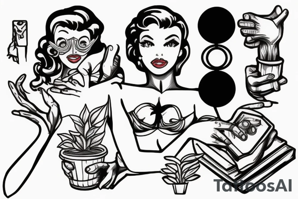 Pin up with four arms, one hand holding a book, one hand holding a potted plant, one hand holding a video game controller, and one hand holding a model planet. tattoo idea