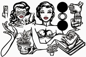 Pin up with four arms, one hand holding a book, one hand holding a potted plant, one hand holding a video game controller, and one hand holding a model planet. tattoo idea