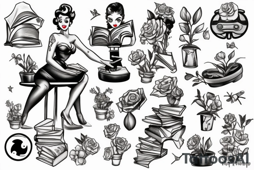 Pin up with four arms, one hand holding a book, one hand holding a potted plant, one hand holding a video game controller, and one hand holding a model planet. tattoo idea