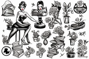Pin up with four arms, one hand holding a book, one hand holding a potted plant, one hand holding a video game controller, and one hand holding a model planet. tattoo idea
