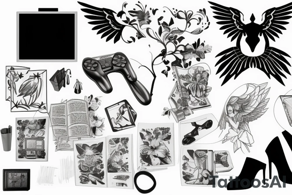 Game controller, potted plant, a book, and pinup with wings tattoo idea