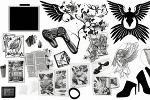 Game controller, potted plant, a book, and pinup with wings tattoo idea