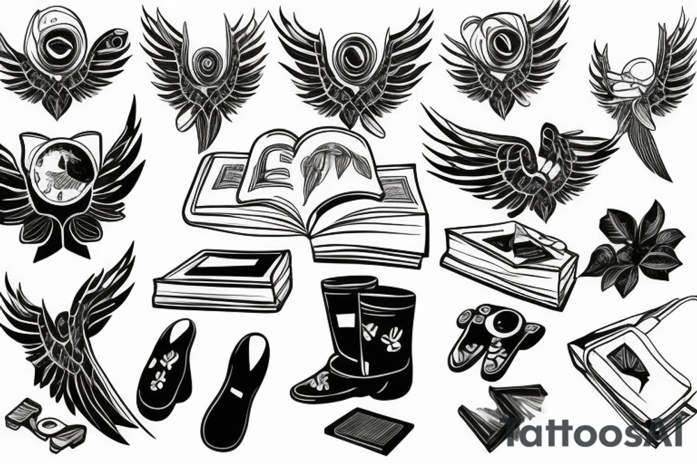 Game controller, potted plant, a book, and pinup with wings tattoo idea