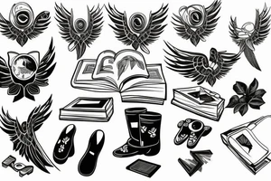 Game controller, potted plant, a book, and pinup with wings tattoo idea